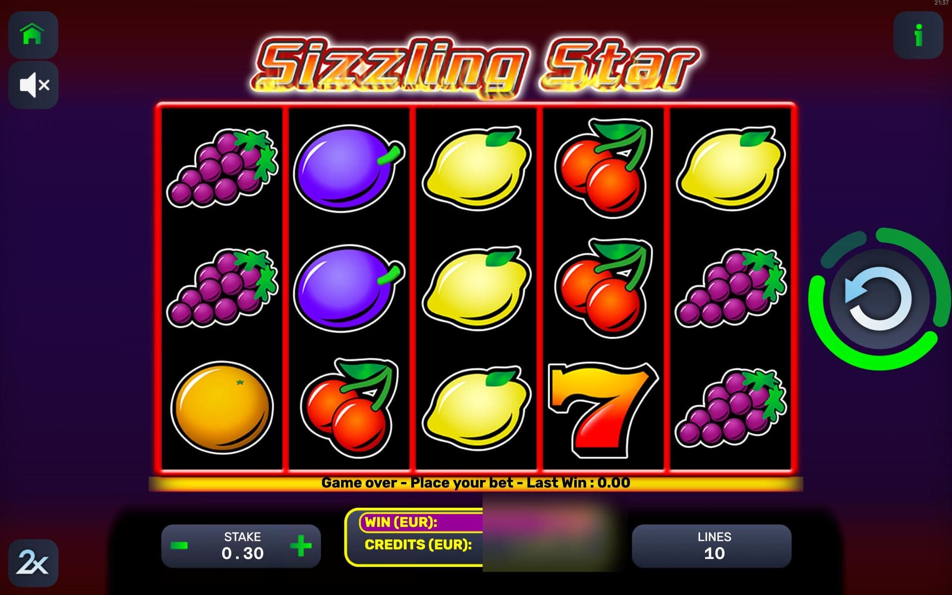 Sizzling Star — base game screen (5×3 · 10 lines · 15 free games)