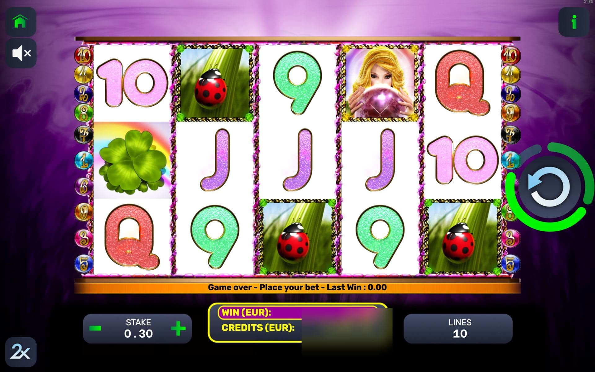 Wizard Girl — base game screen (5×3 · 10 lines · 15 feature games)