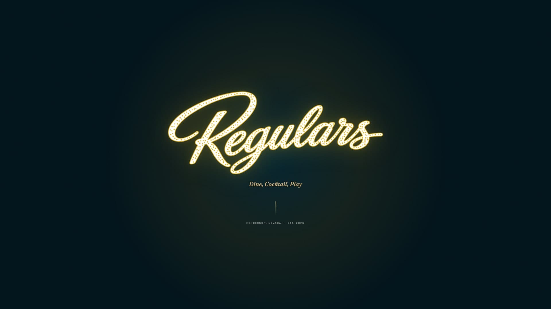 Regulars Brand Identity: Identity for a Las Vegas locals’ tavern — a marquee-bulb script logotype, Peacock Blue and Yellow Gold, Fraunces and DM Sans, and an eleven-chapter web brand book that reaches from neon signage to a vintage-phone bar installation.