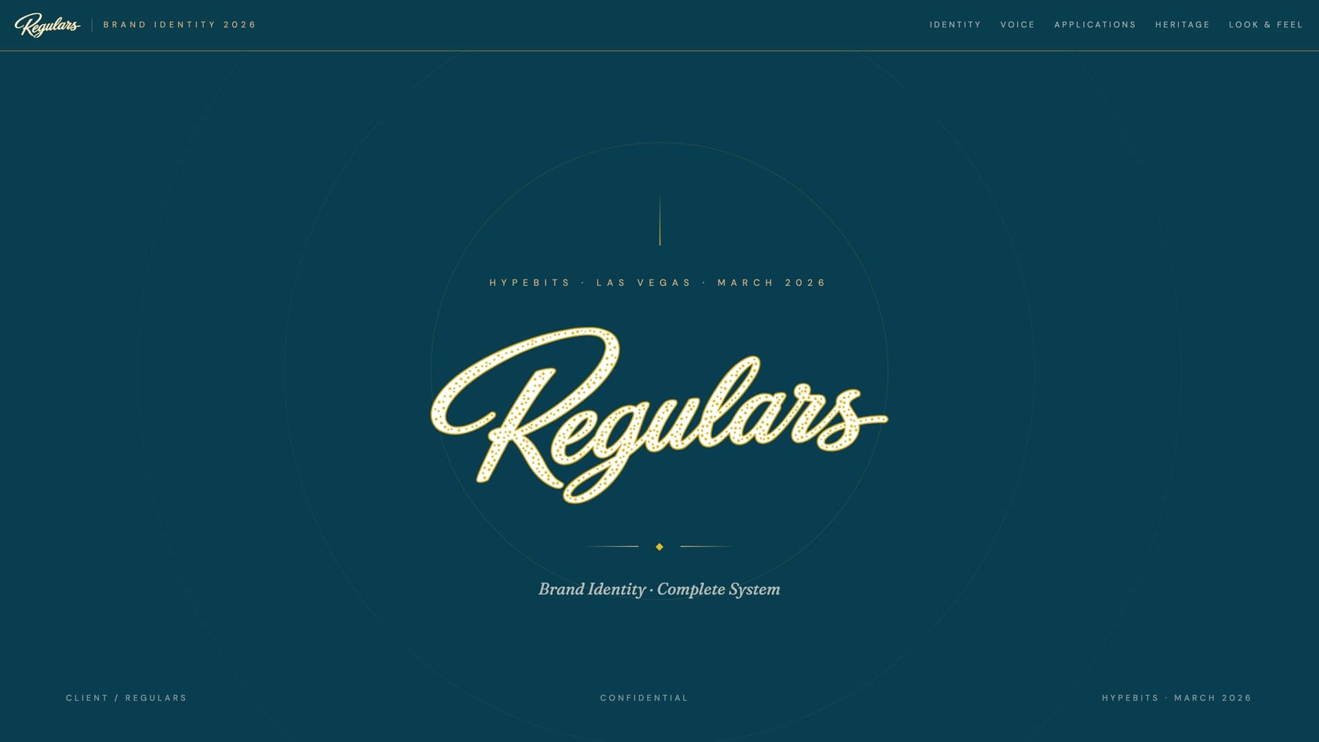 Brand book cover: the cream Regulars script logotype on Peacock Blue, labelled Brand Identity — Complete System, HYPEBITS · Las Vegas · March 2026
