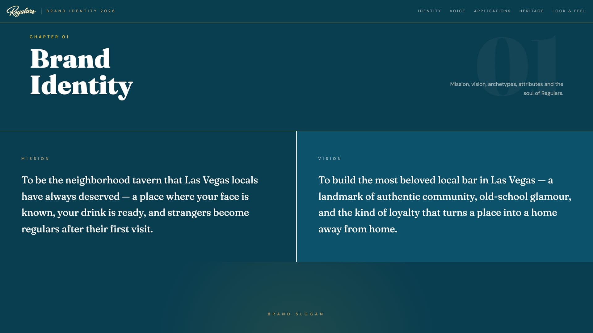 Chapter 01 Brand Identity: mission and vision statements side by side on Peacock Blue