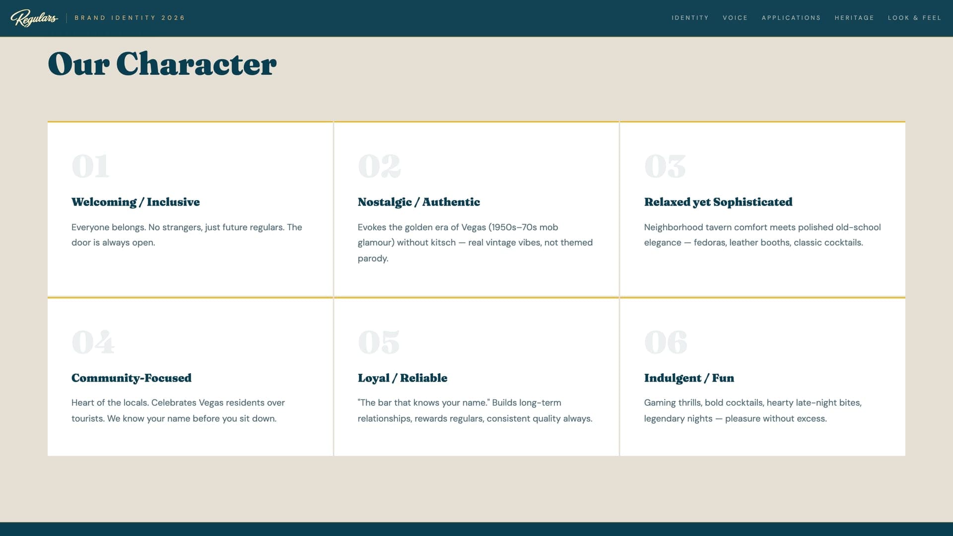 Six numbered brand attribute cards: Welcoming / Inclusive, Nostalgic / Authentic, Relaxed yet Sophisticated, Community-Focused, Loyal / Reliable, Indulgent / Fun