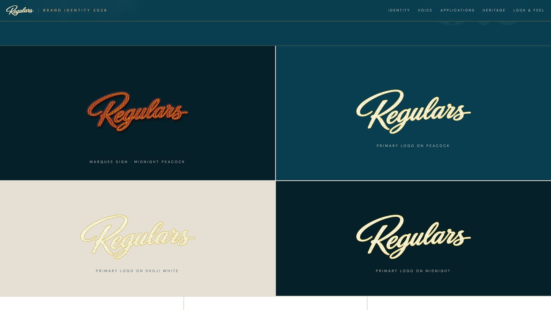 Four logo variations in a grid: orange marquee sign on Midnight Peacock, cream on Peacock, gold on Shoji White and cream on Midnight