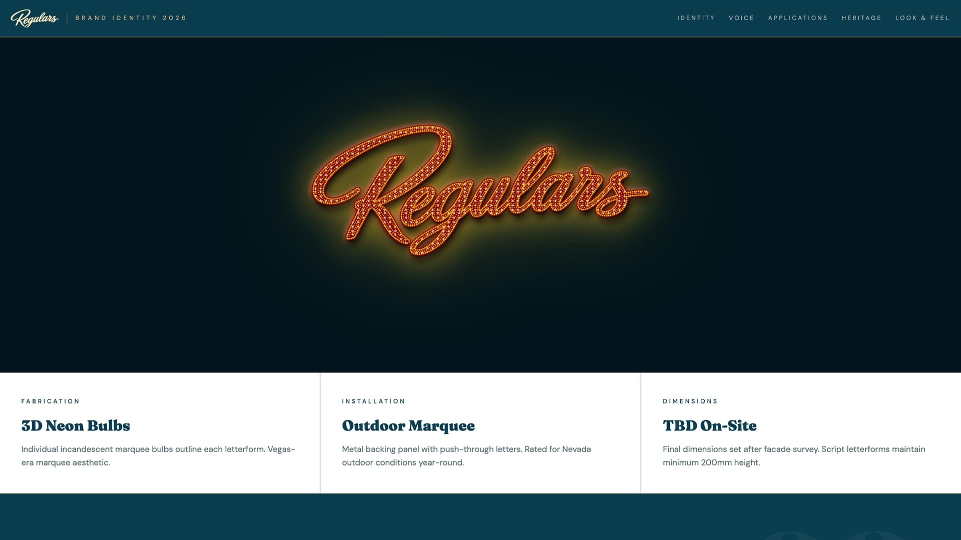 The Regulars script logo glowing as orange neon marquee bulbs on a dark wall, above notes on 3D neon bulbs, outdoor marquee and dimensions