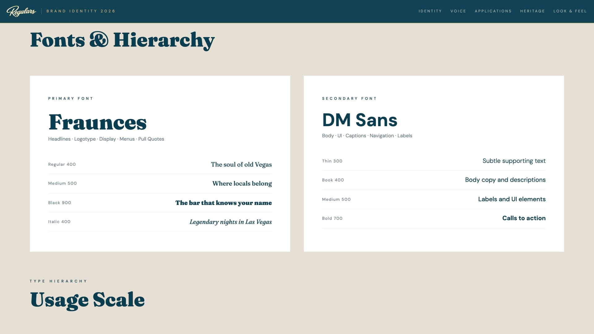 Type specimen cards for Fraunces, the primary font, and DM Sans, the secondary, each with sample weights