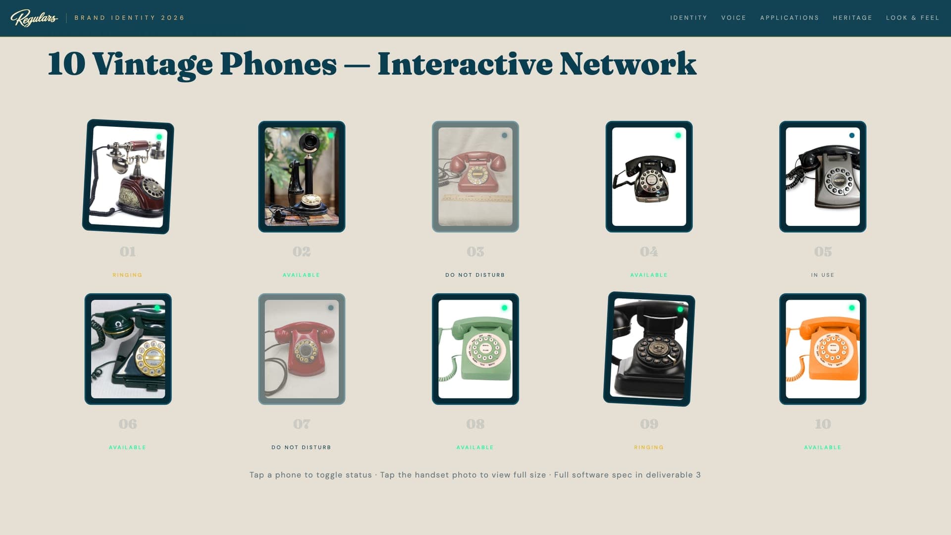 Ten vintage telephone cards in two rows, each tagged with a status such as ringing, available, do not disturb or in use
