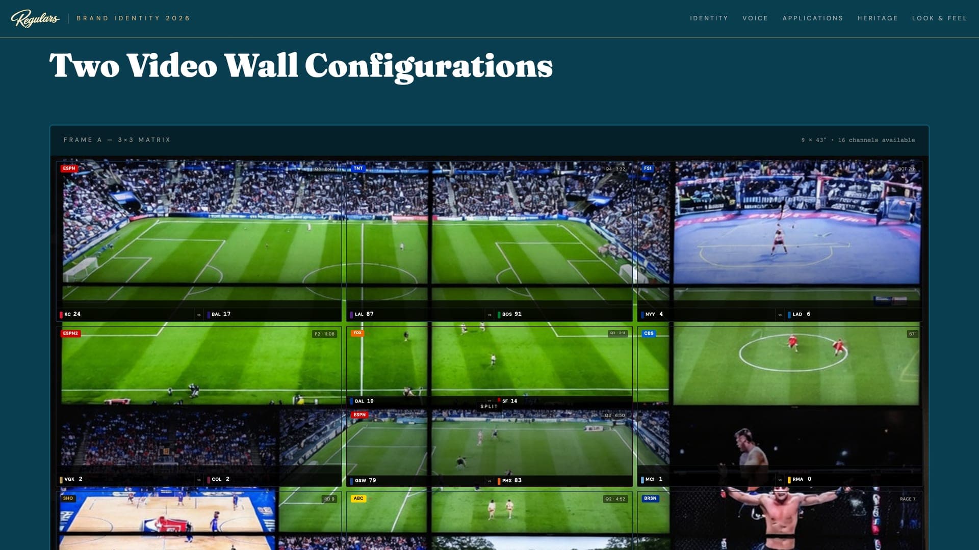 A 3×3 video wall mock-up showing live football, basketball and boxing feeds with branded score bugs