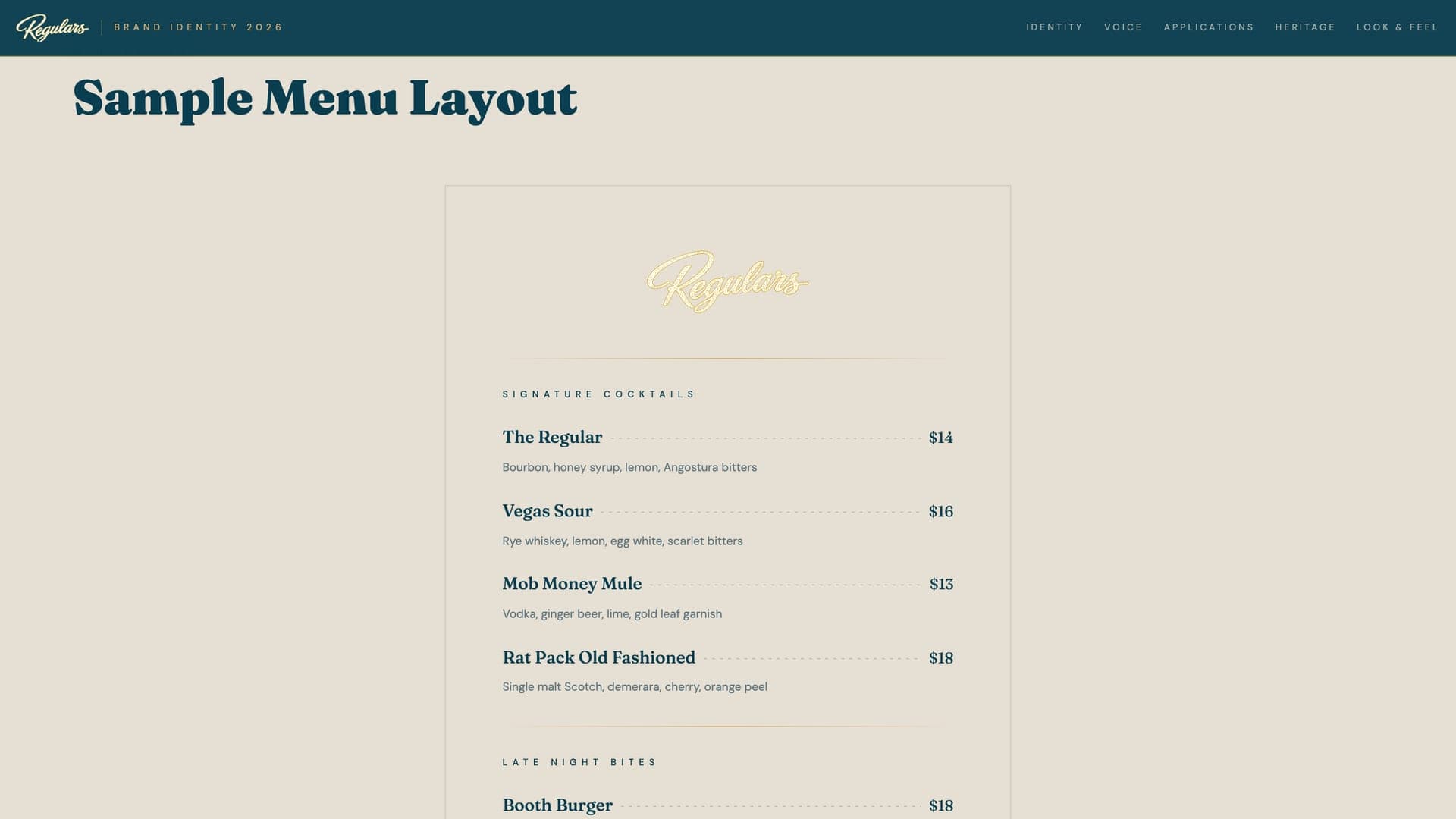 Sample menu on Shoji White with the gold logo and signature cocktails such as The Regular, Vegas Sour, Mob Money Mule and Rat Pack Old Fashioned