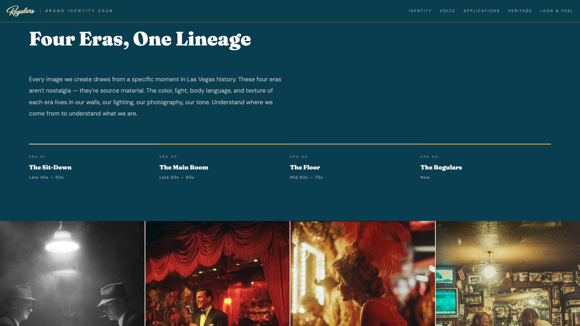 Four Eras, One Lineage: The Sit-Down, The Main Room, The Floor and The Regulars above a strip of moody era photographs