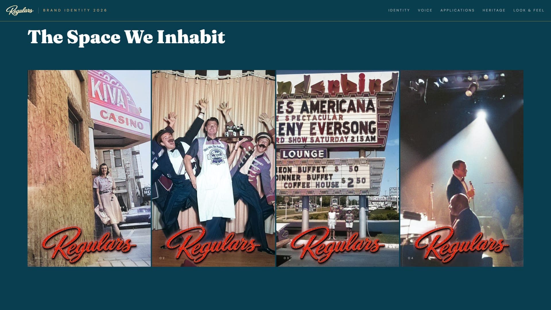 Four vintage Las Vegas photographs — a casino sign, showgirls, a marquee and a crooner in a spotlight — each with the red Regulars script across the bottom