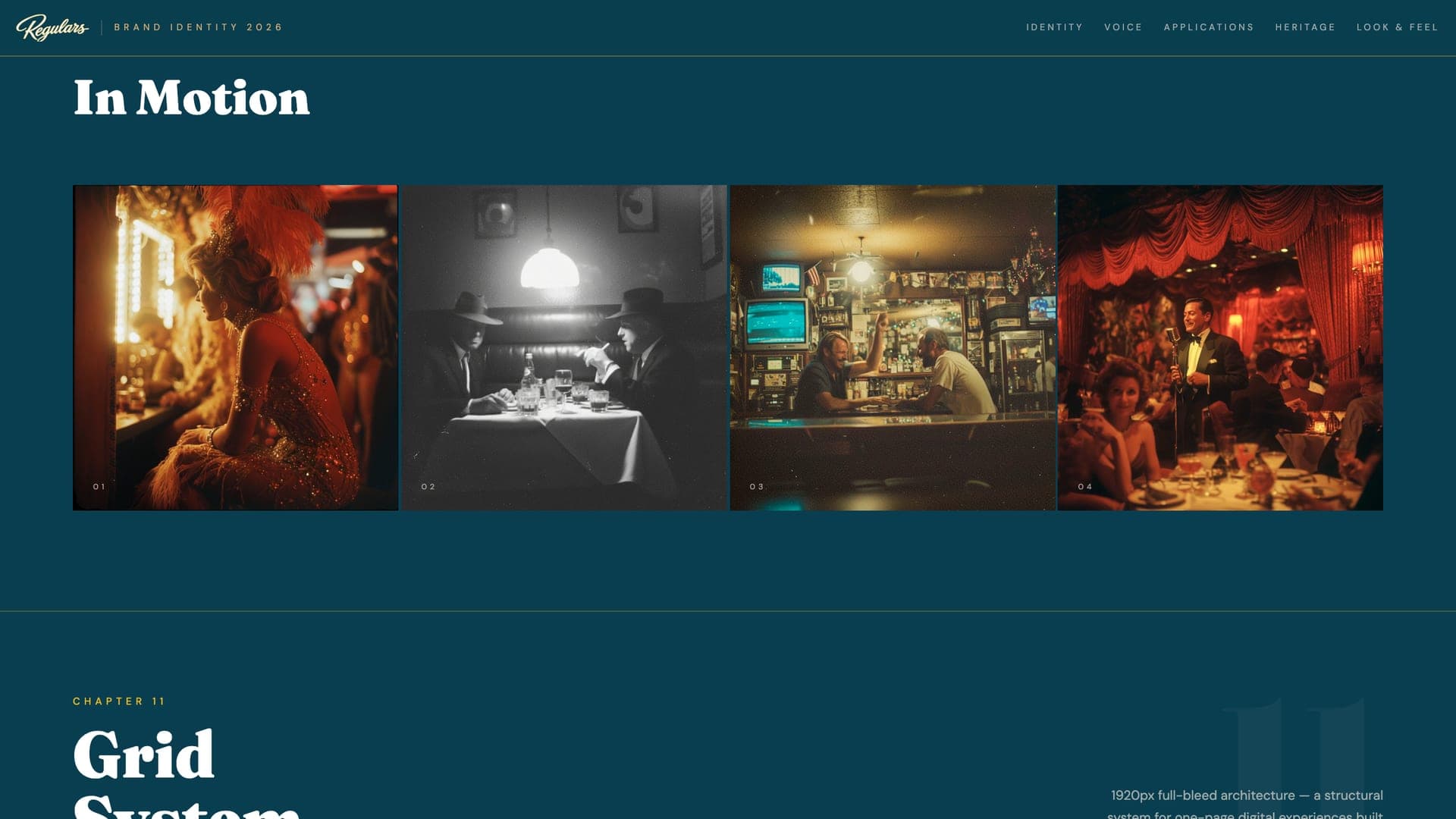 Four warm, grainy film stills of bar and casino interiors under the heading In Motion