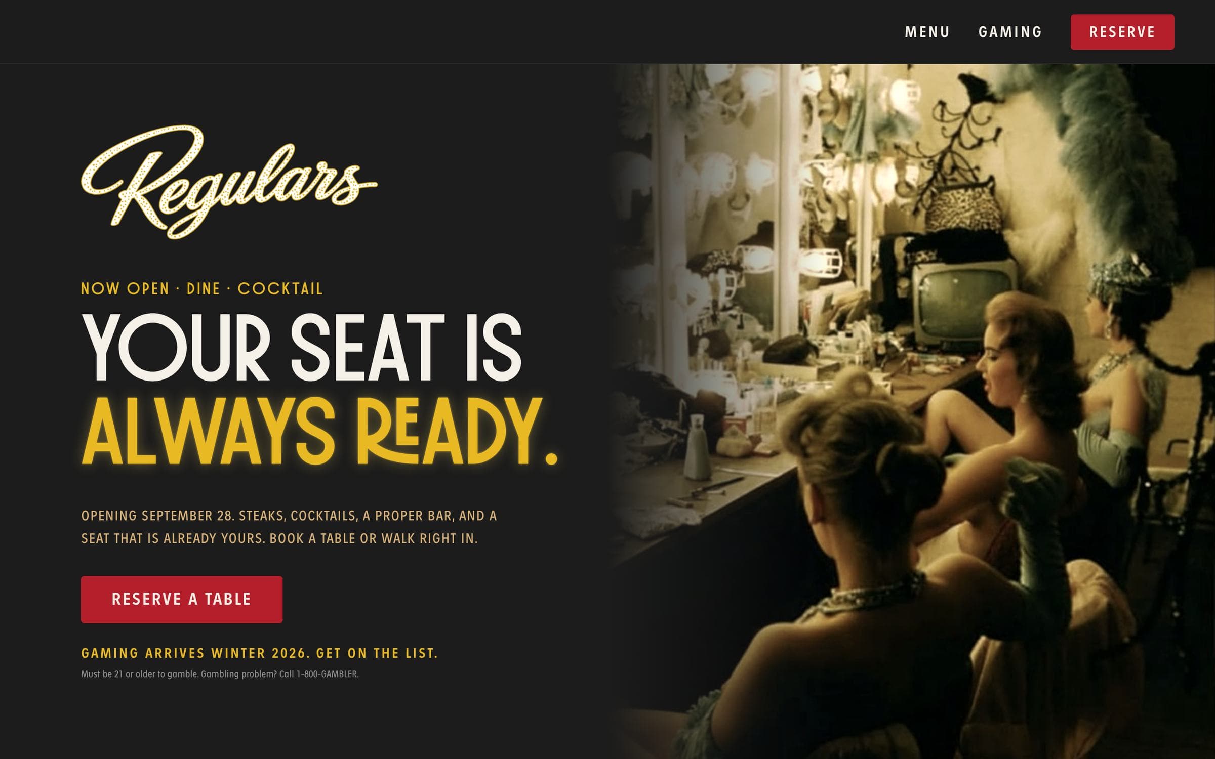 Regulars: Launch site for a Las Vegas steakhouse and bar — backstage-showgirl hero, colour-blocked menu built for phones, one-tap reservations and a gaming waitlist survey.