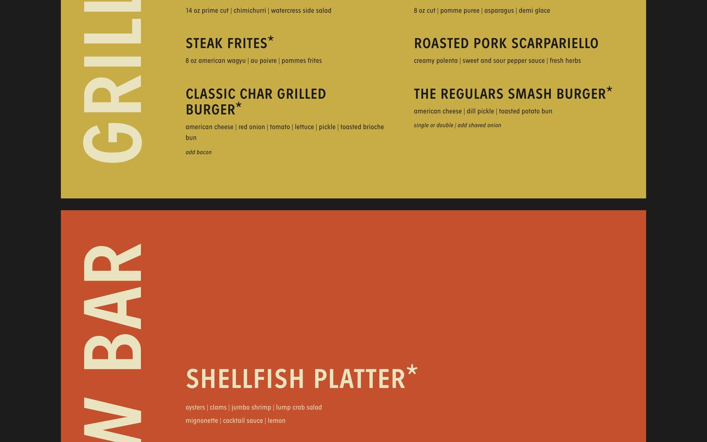 Colour-blocked menu sections: a yellow Grill block, an orange Raw Bar block and a blue Entrées block, each with a rotated section title