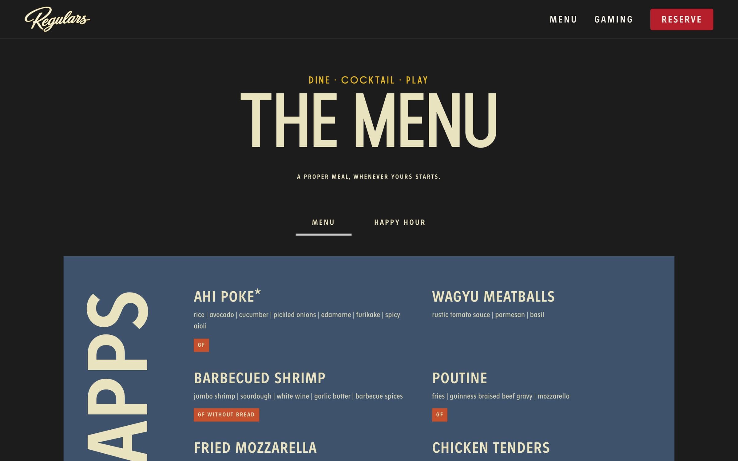 Regulars menu page header reading “The Menu — a proper meal, whenever yours starts.” with Menu and Happy Hour tabs above a blue Apps block