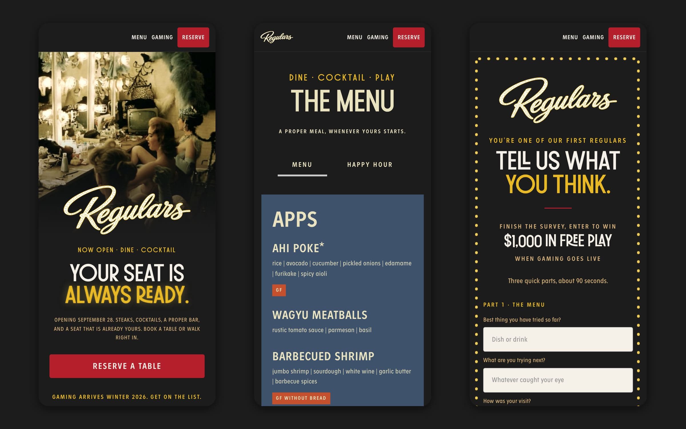 Three phone screens of the Regulars site: home hero, the menu with the Apps block, and the gaming survey
