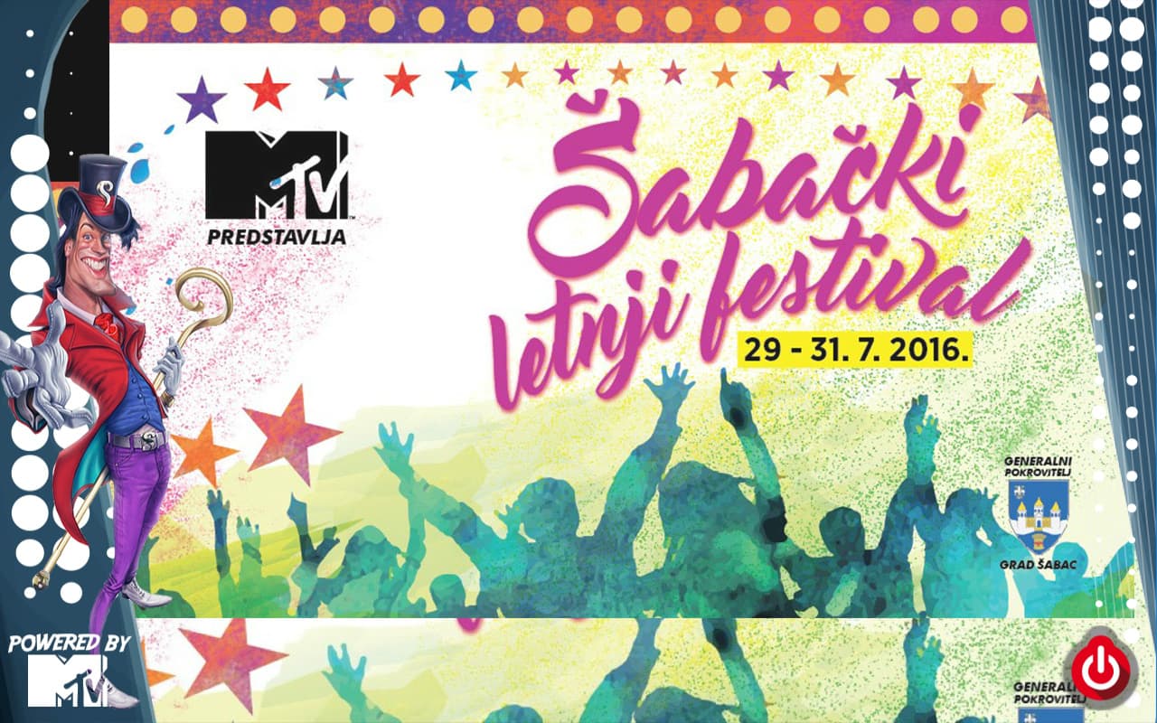 Skiller frame taken over by the MTV-presented Šabac Summer Festival, 29–31 July 2016, with the showman host holding a cane on the left