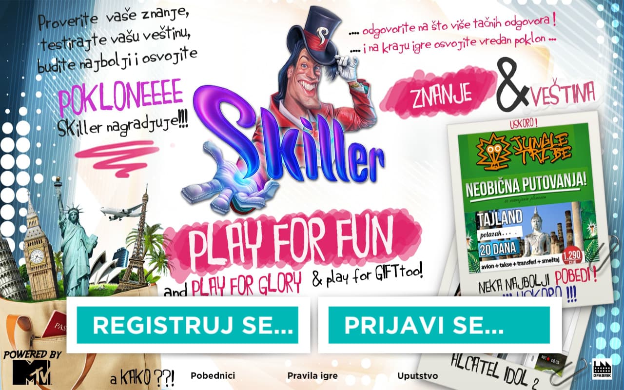 Skiller home screen: the top-hatted showman over the Skiller logo, “Play for fun, and play for glory & play for gift too”, with Register and Sign in buttons and a polaroid of the Thailand trip prize