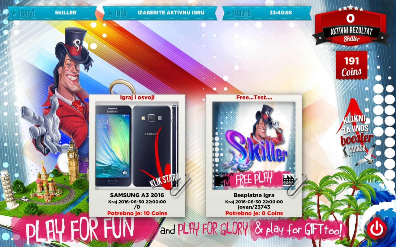 Skiller lobby with two polaroid cards — a Samsung A3 2016 competition needing 10 coins and a free practice game — beside the host, with the coin balance and active score top right