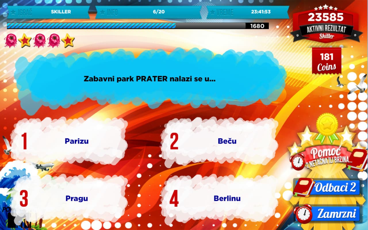 Skiller question screen asking where the Prater amusement park is, with four numbered answer clouds, a draining points bar, a row of stars and the Discard 2 and Freeze lifelines