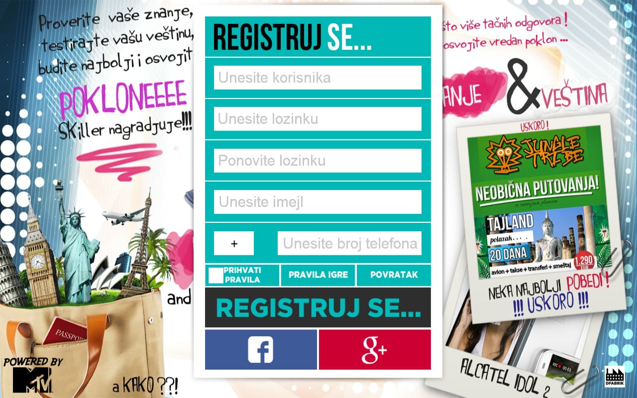Skiller registration form in teal and black over the key art, with username, password, email and phone fields and Facebook and Google+ sign-up