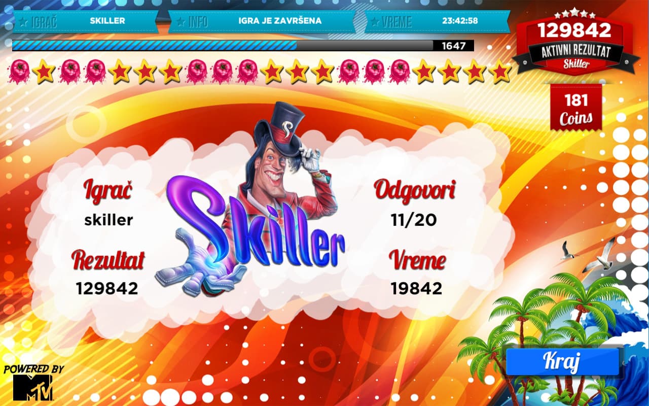 Skiller end-of-round card showing player, score 129,842, 11 of 20 correct and time, with the host and the Skiller logo at the centre