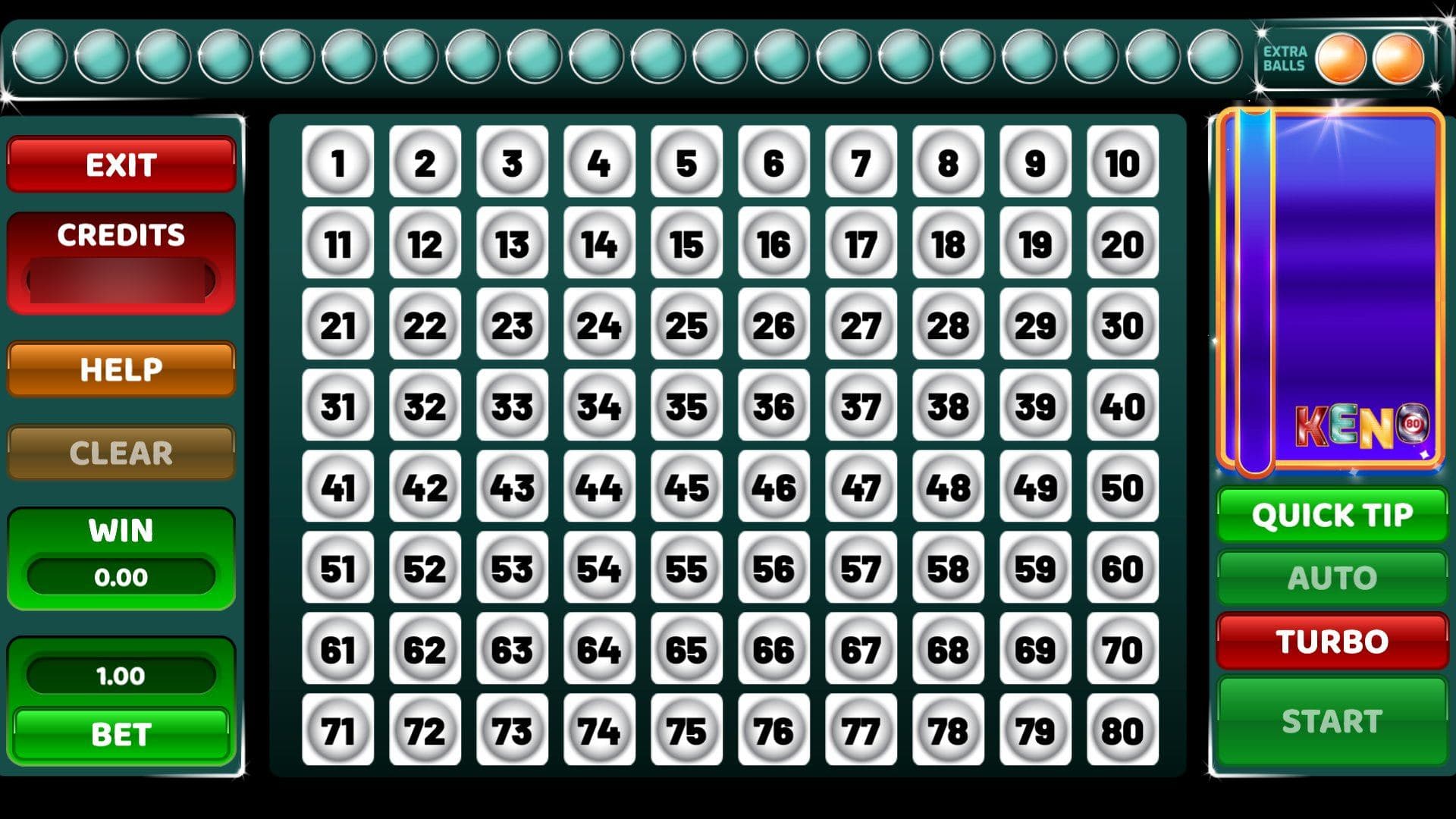 Keno — base game screen (80 numbers · Extra balls)